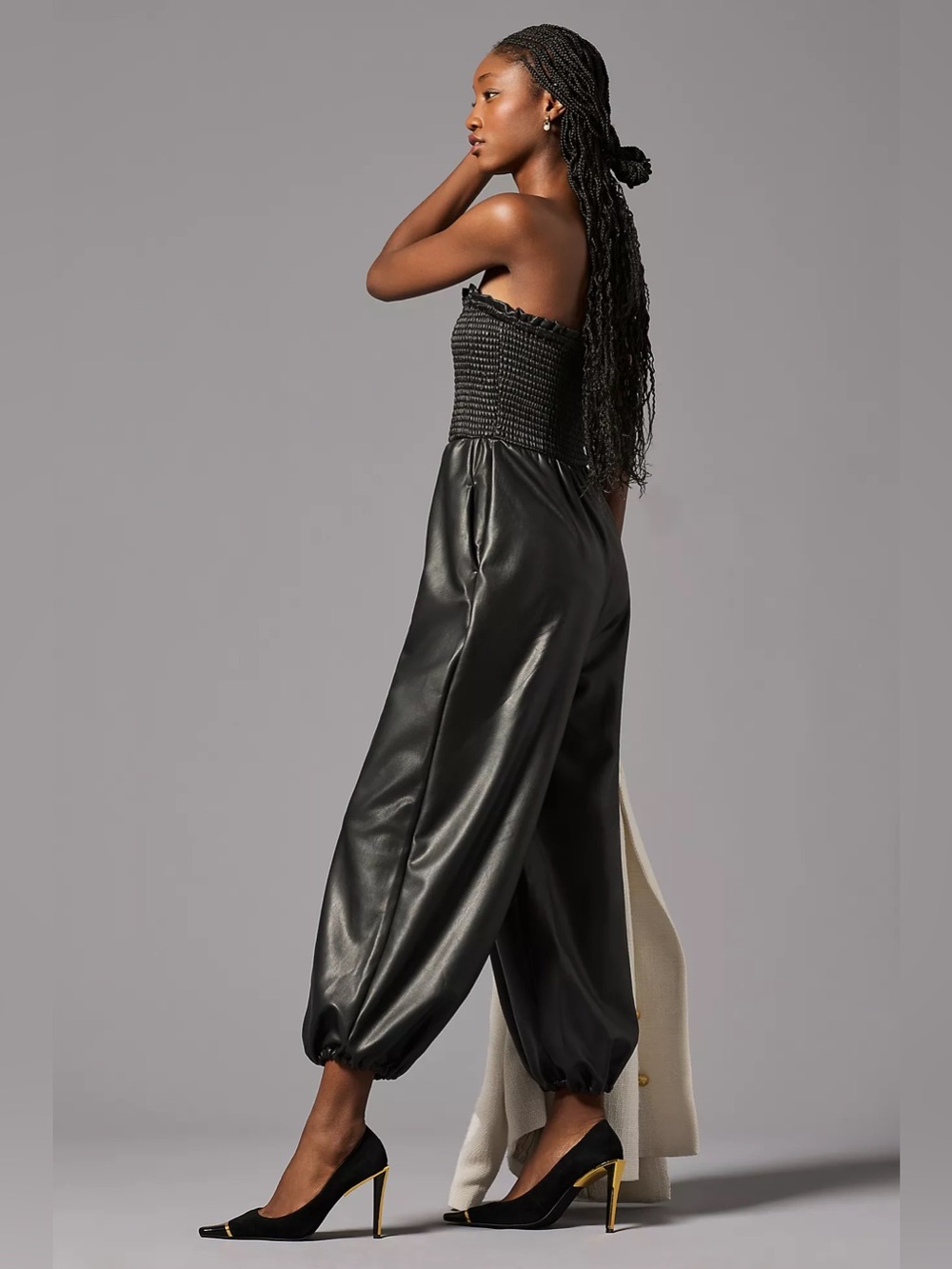 Anthropologie Faux Leather Strapless Jumpsuit Balloon Leg | Size XLP - Picture 5 of 14